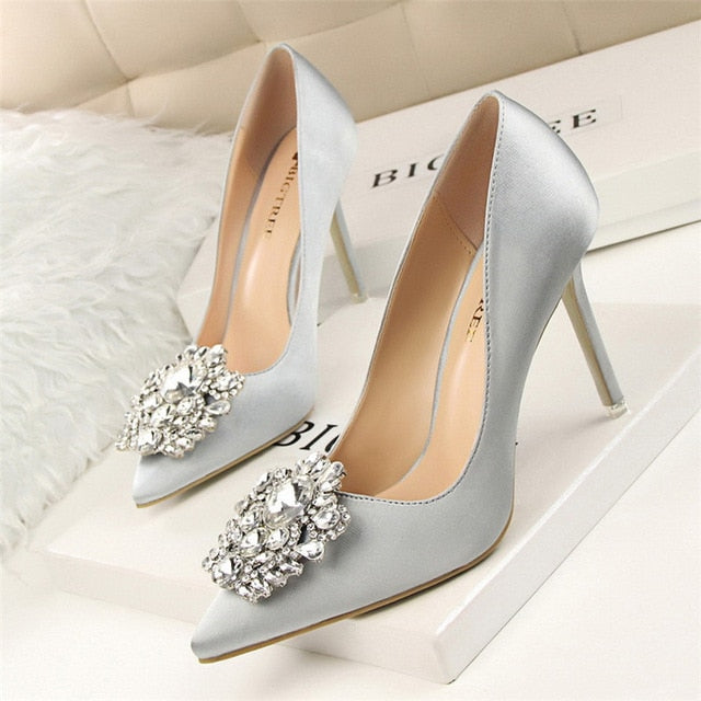 Silver Gray Black Women Bridal Wedding Shoes Faux Silk Satin Rhinestone Crystal Shallow Woman Pumps Stiletto High Heel