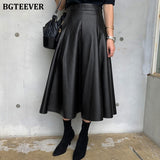 Black Solid PU Leather Elegant Midi Skirt Women 2021 Spring High Waist Office Ladies A Line Flared Skirts Faux Leather