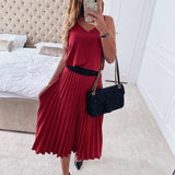 Women Sexy spaghetti strap summer dress women A-line hot pink female pleated midi dress Casual office ladies party dresses