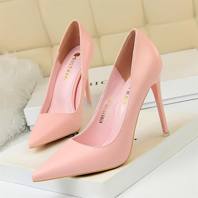 Rarove Soft Leather Shallow Fashion Women's High Heels Shoes Candy Colors Pointed Toe Women Pumps Show Thin Female Office Shoe