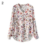 Women Autumn Retro Soft Cotton V Neck Long Sleeve Shirt Floral Print Top Blouse