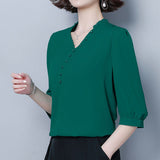 Rarove Plus size solid color chiffon shirt women beaded simple style temperament V-neck foreign sleeve Blouses female spring summer