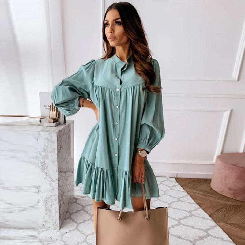 Women Vintage Ruffled Front Button A-line Dress Long Sleeve Stand Collar Solid Elegant Casual Mini Dress 2022 Autumn New Dress