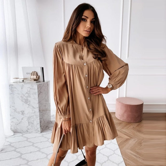 Women Vintage Ruffled Front Button A-line Dress Long Sleeve Stand Collar Solid Elegant Casual Mini Dress 2022 Autumn New Dress
