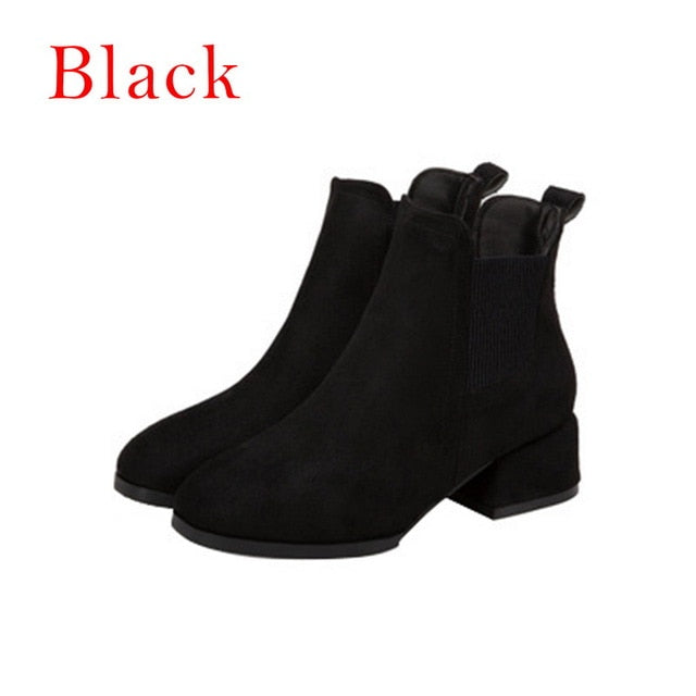Women Autumn Winter Flock Ankle Boots Slip-on Round Toe 3.5cm Square Heel Solid Casual Black Camel Booties Size 35-43