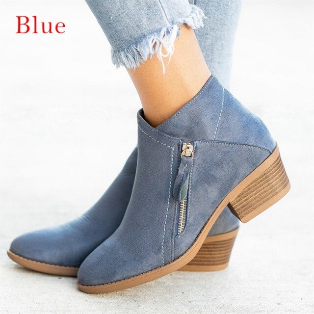 Women Autumn Winter Flock Ankle Boots Slip-on Round Toe 3.5cm Square Heel Solid Casual Black Camel Booties Size 35-43