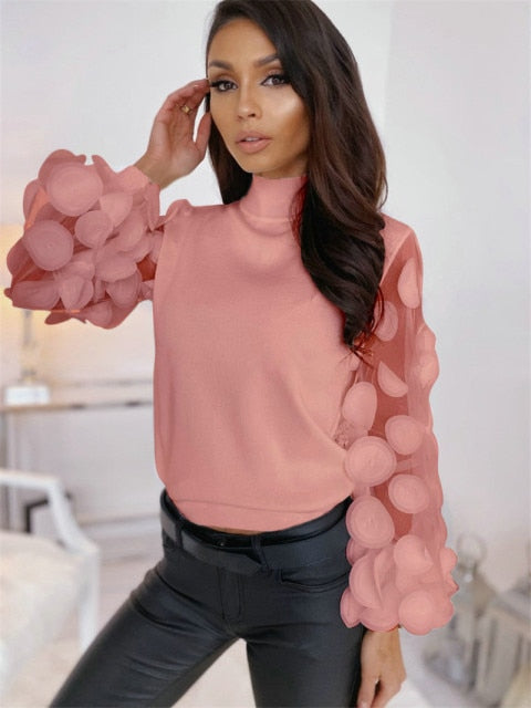 Fashion Women Spring Autumn T-Shirts Dot Print Lace Decor See Through O-Neck Puff Sleeve Solid Color Slim Pullovers Top