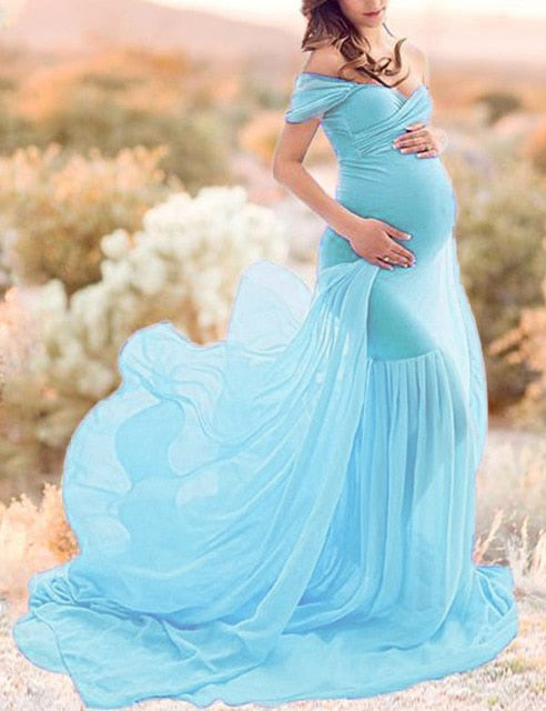New Maternity Photography Prop Pregnancy Cloth Cotton Chiffon Maternity Off Shoulder Half Circle Gown Photo Shoot Pregnant Dress