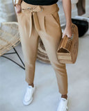 England Style Women Summer Solid Color Pencil Pants Bandage Design Pockets Decor High Waist Slim Hips Trousers for Streetwear