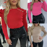 Elegant Women Autumn Winter Knitted T-Shirts Button Decor O-Neck Long Sleeve Solid Slim Pullovers Top for Office Streetwear