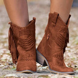 Rarove Nice New Boho Flock Leather Women Boots Fringe Flat Heels Woman Med High Solid Boots Woman Tassel Botas Mujer Botte Femme AB862