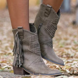 Rarove Nice New Boho Flock Leather Women Boots Fringe Flat Heels Woman Med High Solid Boots Woman Tassel Botas Mujer Botte Femme AB862