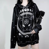 Cat Moon Pentacle Print Hoodie Black Oversized Hooded Sweatshirts Women Gothic Outfits /