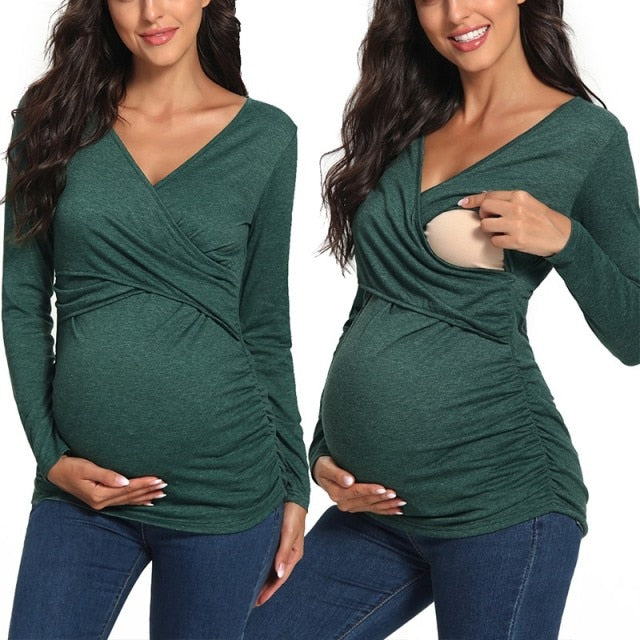 Womens Maternity Nursing Shirt Long Sleeve V-neck Cross Floral Breastfeeding Pregnancy Tops Maternity Fit Flattering Top