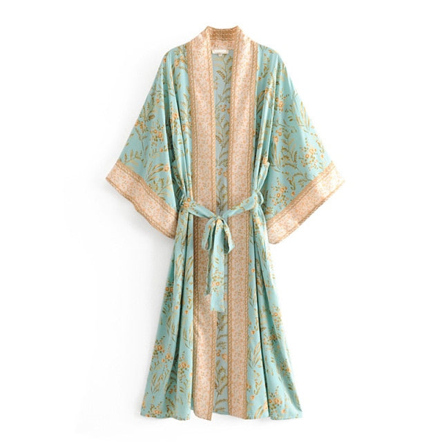 2022 New Hot Selling Vintage Boho  Floral Print Long Kimono Cardigan  Summer Tops Belted Beachwear Vestido Blusas Mujer