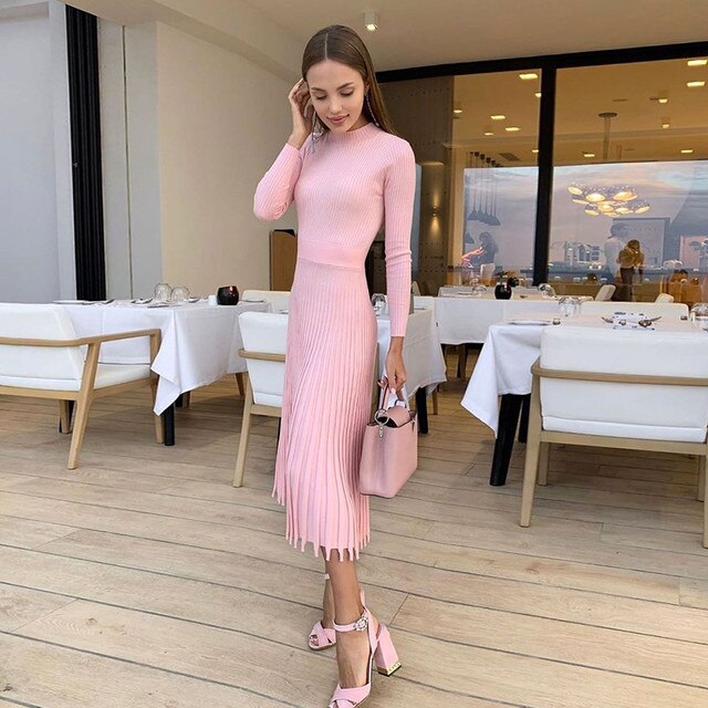 Fall outfits 2021 Women Knitted Long Dress Autumn Winter Basic Full Sleeve Ladies Slim Vintage Dress Elegant Party Female Sweater Dress 10 colors