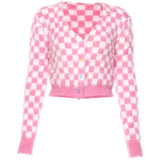 Women’s Check Cardigan Pink &amp; White Mohair Long Sleeve Heart-Shape Button Up Cropped Knit Sweaters e-Girl Outfit /