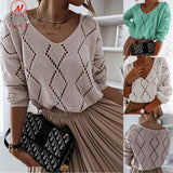 Women Solid Color Sweaters Diamond Hollow Out Design See Through V-Neck Long Sleeve Spring Autumn Casual Loose Kniited Top