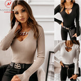 Sexy Women Solid Color Sweaters Chain Decor V-Neck Long Sleeve Spring Autumn Slim Pullovers Top for Streetwear