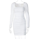 Ruched Solid Women Long Sleeve Mini Dress Bodycon Sexy Party Elegant Streetwear 2022 Autumn Winter Club White Clothes
