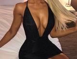Rarove Bling Glitter Sequin Women Strap Mini Dress Deep V Neck Lace Up Bandage Backless Bodycon Sexy Party Club Autumn Winter