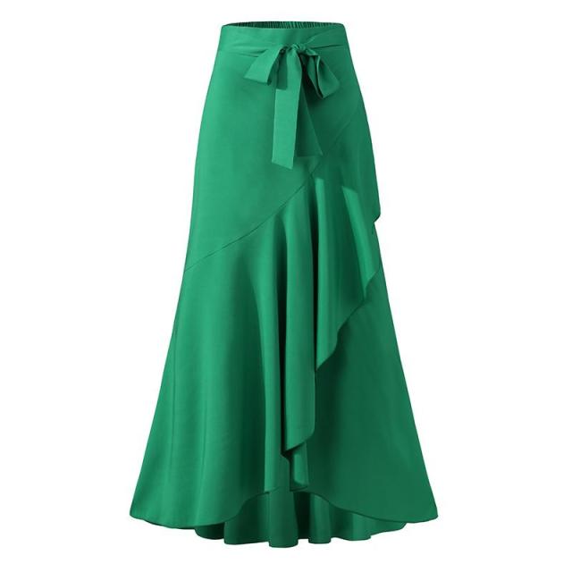 Elegant Maxi Skirt For Women High Waist Belted Casual Loose Party Fishtail Skirts Fashion Ruffles Long Skirts