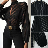Rarove Sexy Black Women Mesh Sheer Blouses Ladies Long Sleeve Striped Front Hollow Out Transparent Shirts Blusas Mujer Camisas