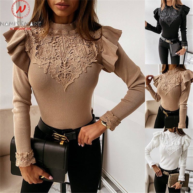Elegant Women Spring Autumn Sweaters Patchwork Design Lace Ruffles Decor O-Neck Long Sleeve Solid Slim Pullovers Knitted Top
