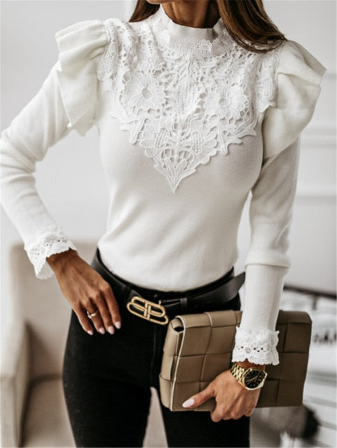 Elegant Women Spring Autumn Sweaters Patchwork Design Lace Ruffles Decor O-Neck Long Sleeve Solid Slim Pullovers Knitted Top