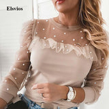 Autumn Patchwork Beaded Sheer Mesh Blouse Sexy O Neck Hollow Out Women Shirt Blusa Elegant Ruffle Puff Long Sleeve Tops Pullover