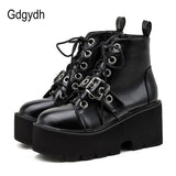 New Fall Fashion Buckle Strap Ladies Biker Style Boots Lace Up Platform Boots Women Black Gothic Thick Bottom Wholesale