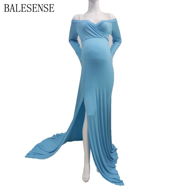 Rarove-High Split Maxi Gown Pregnancy Dress Photography Props Pregnant Women Long Sleeve Off Shoulder Maternity Dresses for Photo Shoot