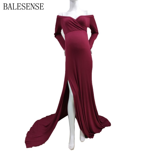 Rarove-High Split Maxi Gown Pregnancy Dress Photography Props Pregnant Women Long Sleeve Off Shoulder Maternity Dresses for Photo Shoot