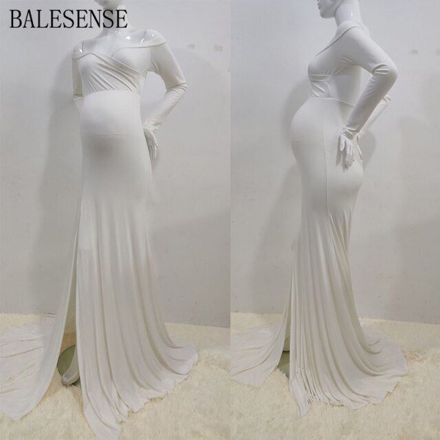 Rarove-High Split Maxi Gown Pregnancy Dress Photography Props Pregnant Women Long Sleeve Off Shoulder Maternity Dresses for Photo Shoot