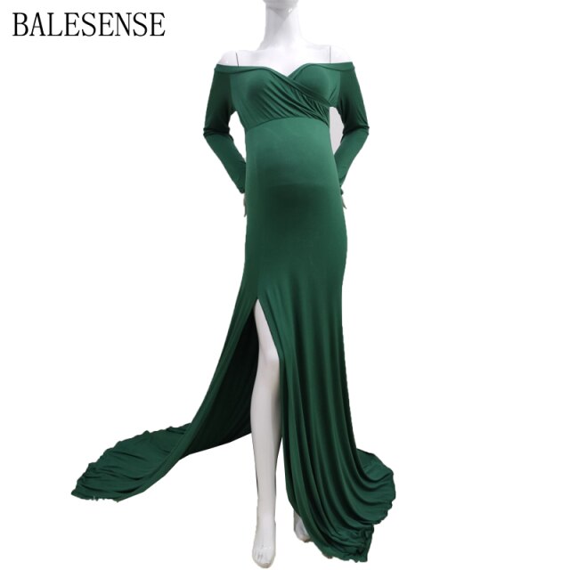 Rarove-High Split Maxi Gown Pregnancy Dress Photography Props Pregnant Women Long Sleeve Off Shoulder Maternity Dresses for Photo Shoot