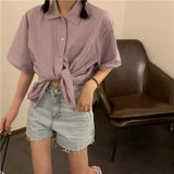 Rarove Shirts Women Short Sleeve blouses Solid Bf Oversize Loose Turn Down Collar College Simple Womens All-match Harajuku 2023 Summer