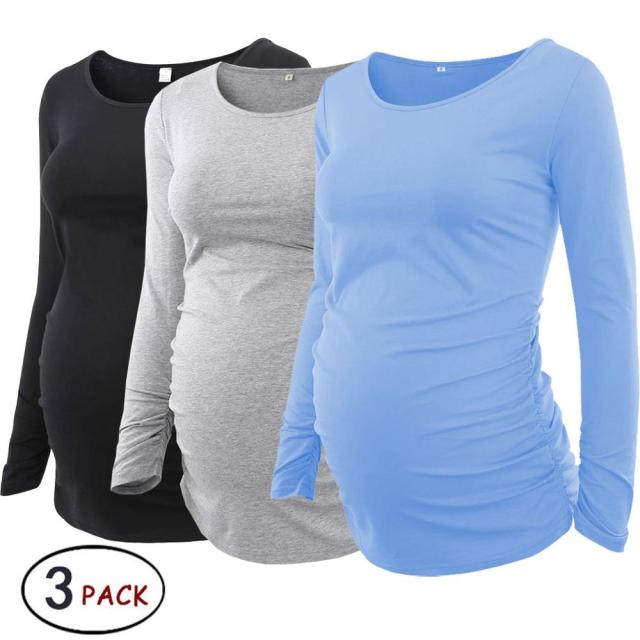 Mama Clothes Maternity Clothes Pregnant Blouses Maternity Ruched Tops Long Sleeve Scoop Neck Pregnancy T-Shirt Womens Clothing