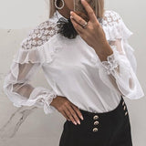 RAROVE, Valentine's Day gift Elegant White Lace Blouses Women Ruffles Shirts Sexy See-through Mesh Tops Long Sleeve Casual Loose Office Summer Blusas