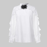 RAROVE, Valentine's Day gift Elegant White Lace Blouses Women Ruffles Shirts Sexy See-through Mesh Tops Long Sleeve Casual Loose Office Summer Blusas