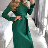 Elegant Satin Long Dress For Women Solid O-neck Long Sleeve Sashes Slim Party Dress Ladies Vintage Soft smooth Dress Autumn 2022