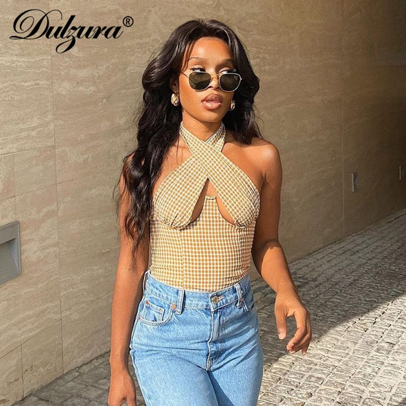 Plaid Women Halter Hollow Out Backless Bodycon Sexy Sweet Elegant Streetwear 2022 Autumn Winter Club Corset Top Bustier
