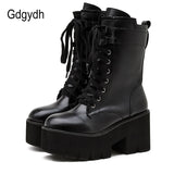 2022 Spring Lace up Platform Harajuku Boots Women Black Gothic Mid Calf Boots For Women Thick High Heel Boots Drop Ship
