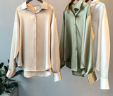 Rarove High Quality Elegant Imitation Silk Blouse Spring Women Fashion Long Sleeves Satin Blouse Vintage Femme Stand Street Shirts