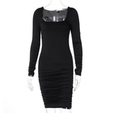 Ruched Solid Women Long Sleeve Mini Dress Bodycon Sexy Party Elegant Streetwear 2022 Autumn Winter Club White Clothes