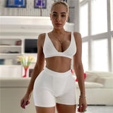 Ribbed Patchwork Women Two Piece Set Bra Crop Top Biker Shorts Suits Bodycon Sexy Streetwear Matching Sporty Tracksuit