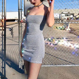 Silver Metallic Mini Dress With Side Silt Square Neck Spaghetti Body-con Slip Dress Club Party Women O-ren Dress/