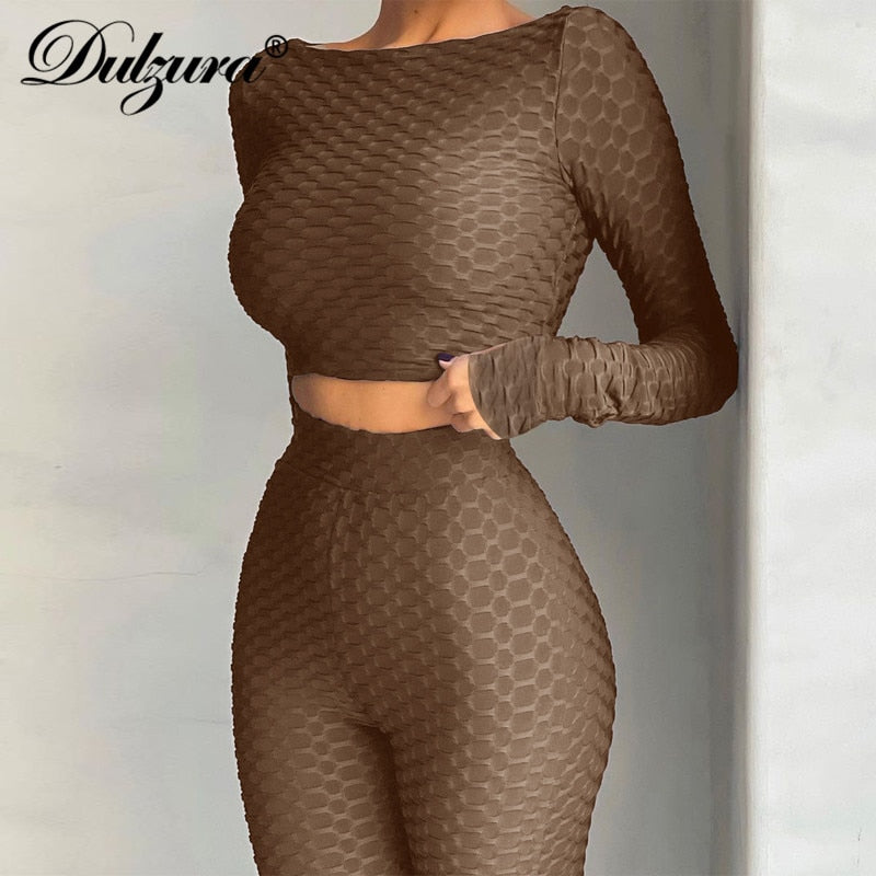 Honeycomb Women 2 Piece Set Long Sleeve Gym Top O Neck Leggings Bodycon Sexy Sporty Tracksuit 2022 Autumn Winter Outfit