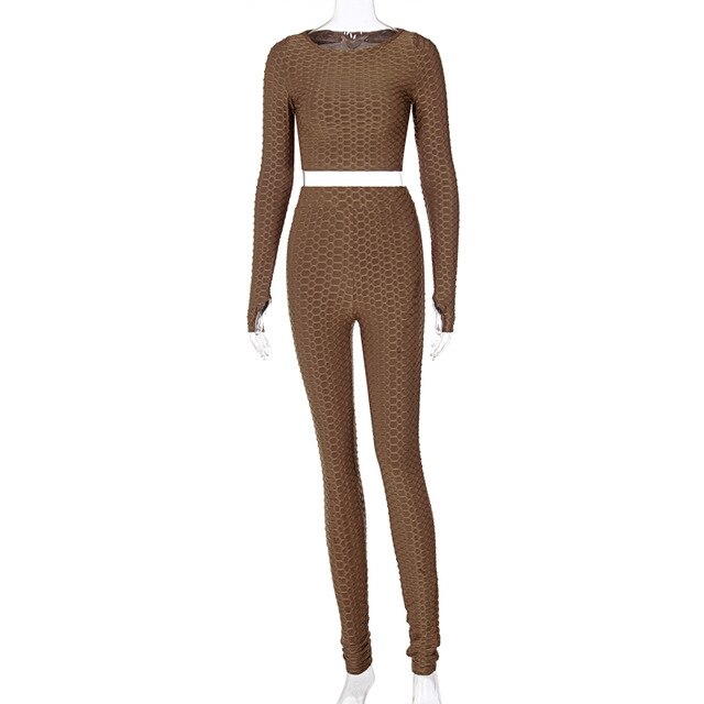 Honeycomb Women 2 Piece Set Long Sleeve Gym Top O Neck Leggings Bodycon Sexy Sporty Tracksuit 2022 Autumn Winter Outfit