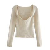 Stylish Chic Beige Knitted Cropped Blouses Women 2022 Fashion Sexy Square Collar Shirts Girls Streetwear Casual Tops
