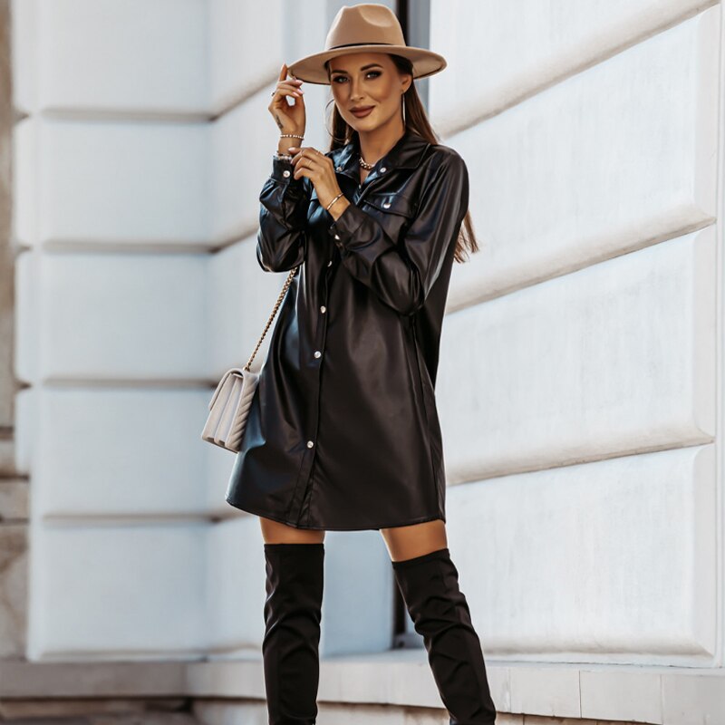 Women Vintage Front Pockets Staight Party Dress Long Sleeve Turn Down Collar Solid Elegant  Casual Dress 2022 Autumn Women Dress